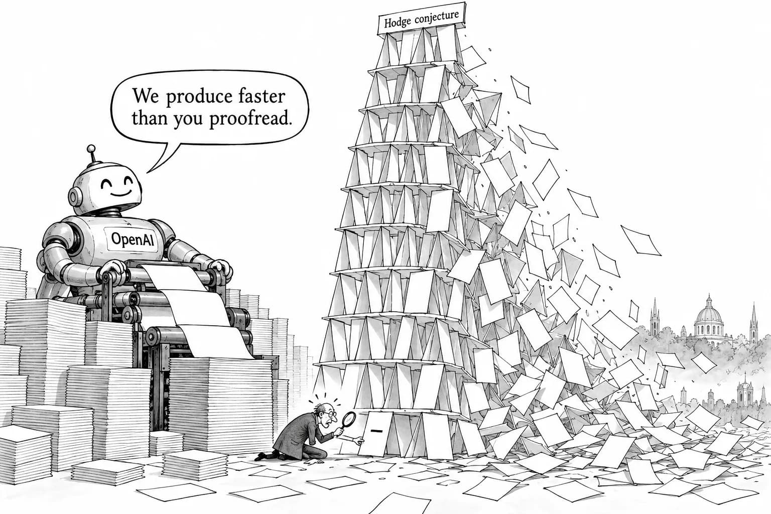 Editorial cartoon: OpenAI withdraws three math manuscripts a day after release as a single sign error topples claims close to the Hodge conjecture