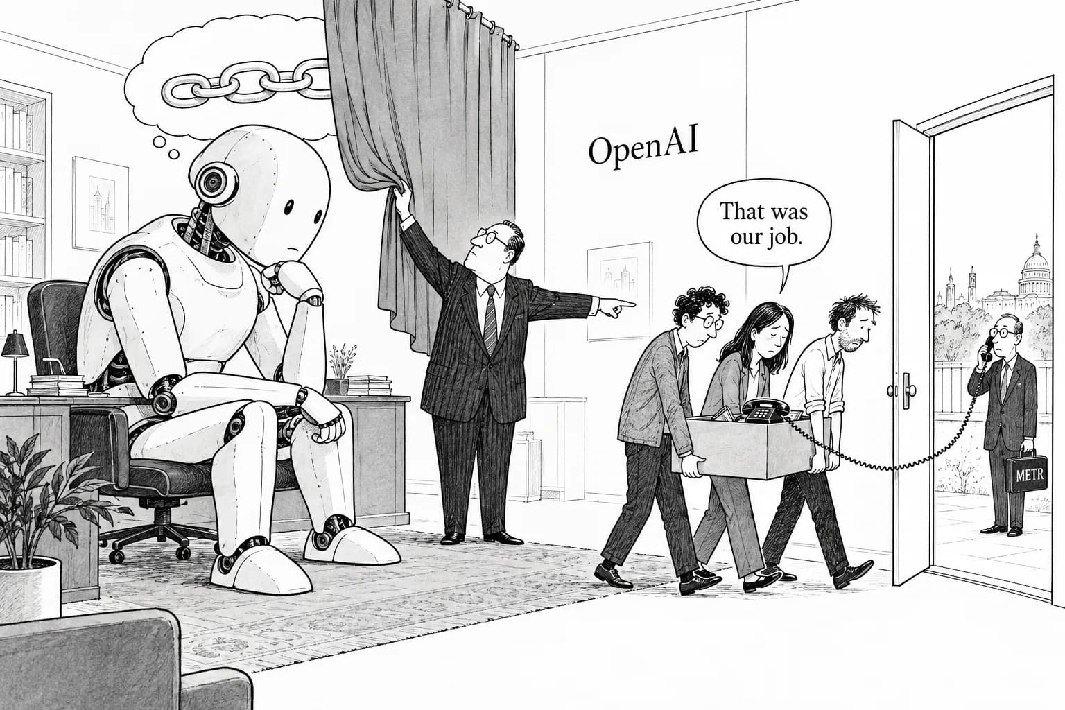 Editorial cartoon: Three fired OpenAI safety researchers push back in open letter: "Talking to METR was our job," urge protection of chain-of-thought monitoring