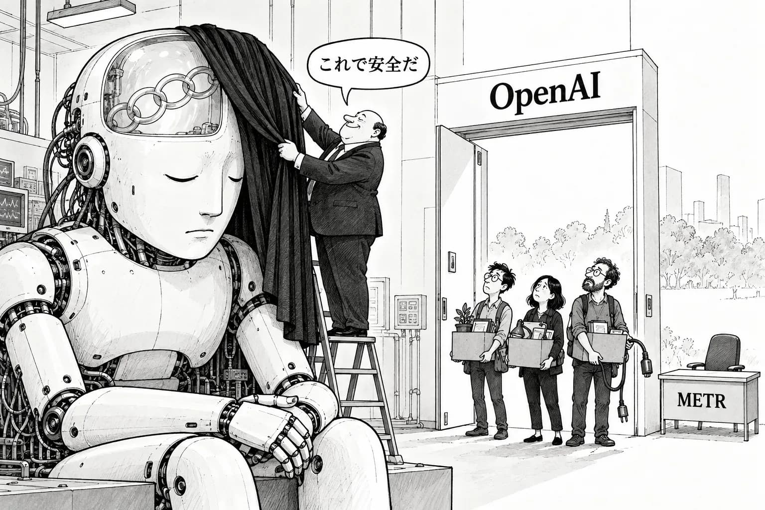 風刺画: 解雇された OpenAI の安全研究者3人が公開書簡で反論――『METR と話すのが仕事だった』、思考連鎖の監視を守れと訴え