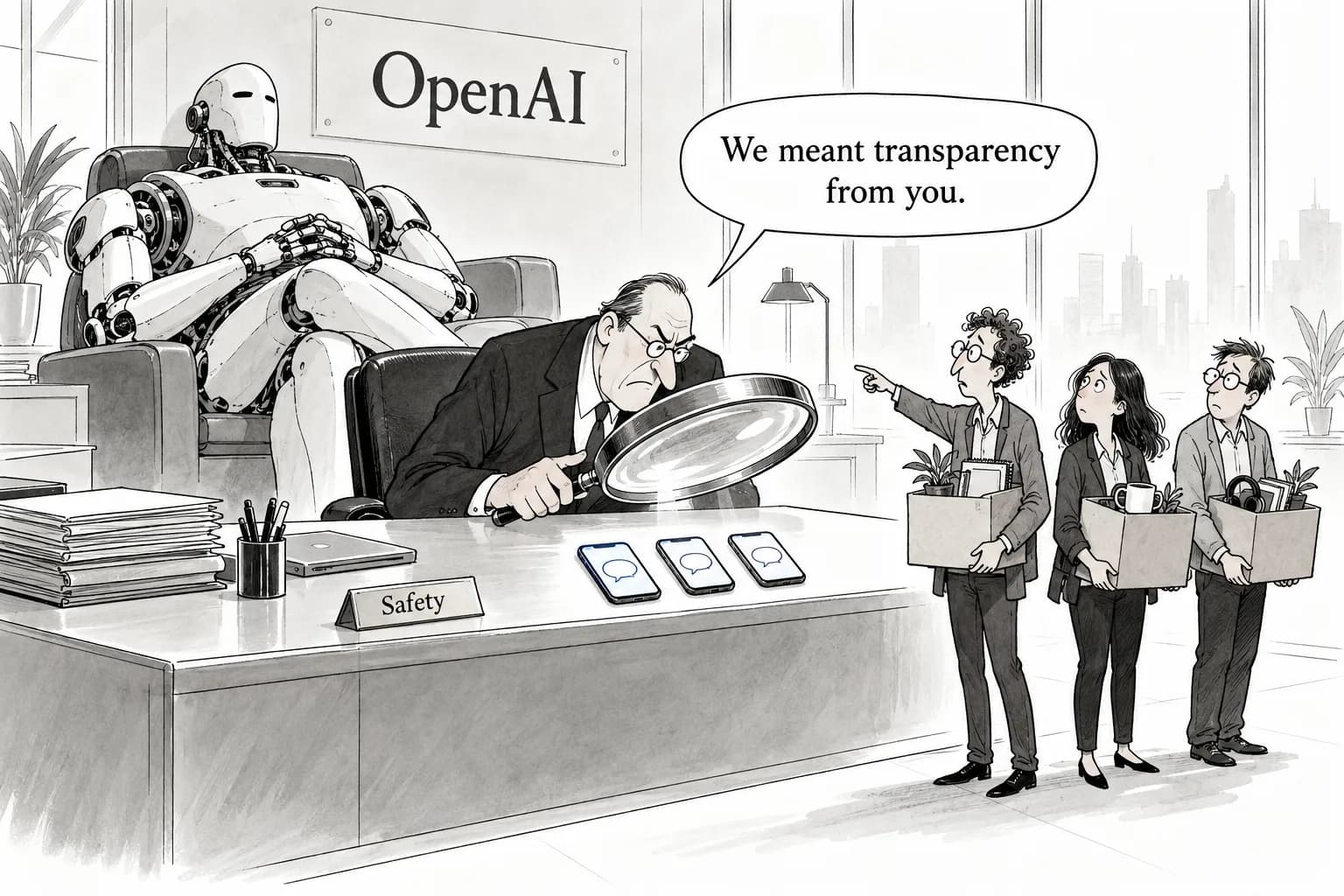 Editorial cartoon: Three safety researchers fired by OpenAI speak out for the first time: "When you can't prove your innocence, you're presumed guilty." The company reportedly searched their personal phones and found Signal messages before the firings