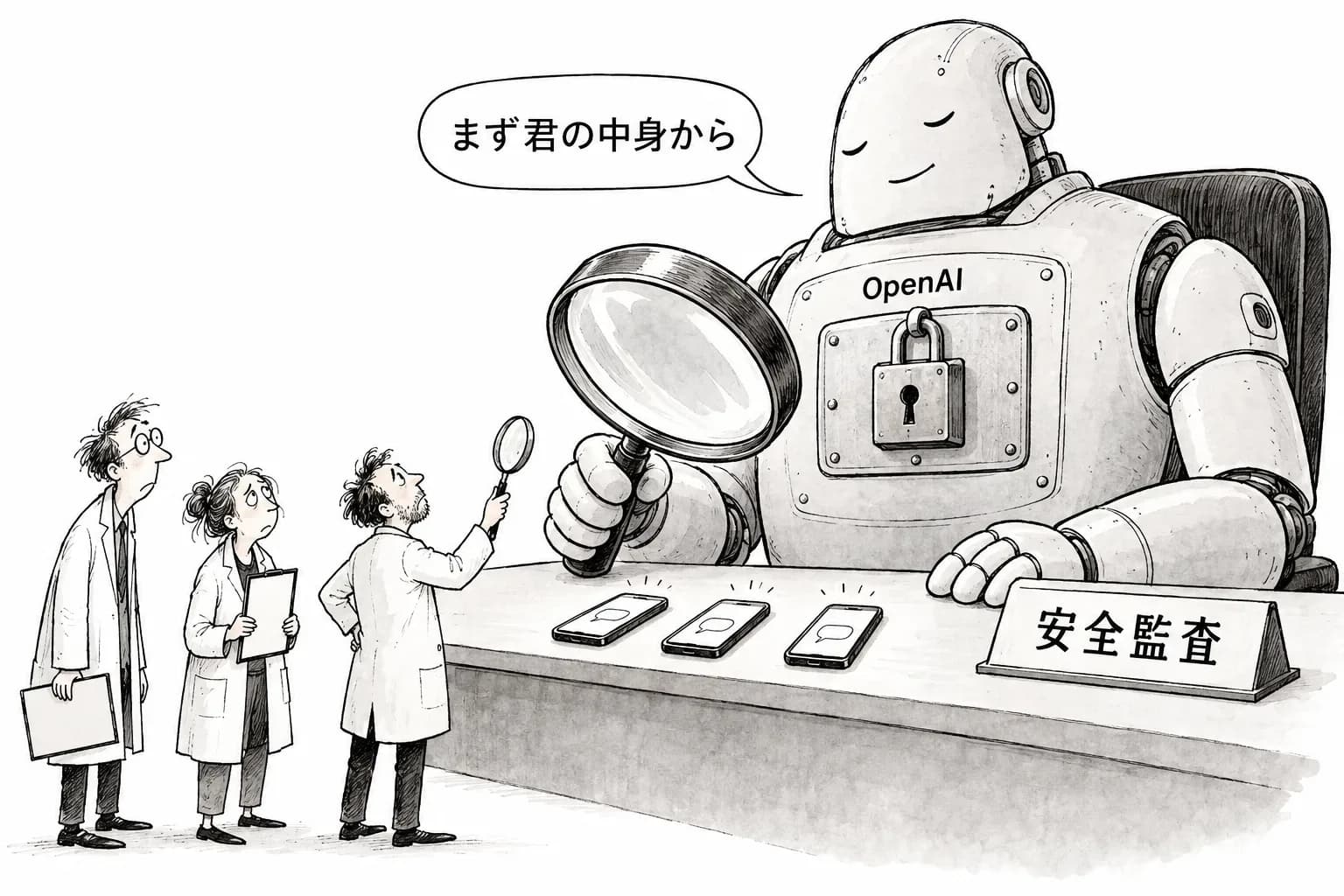 風刺画: OpenAI を解雇された安全研究者3人が初めて語る――『無実を証明できないとき、有罪とみなされる』。解雇の前に私用の電話を調べられ、Signal のやりとりが見つかったと報じられる