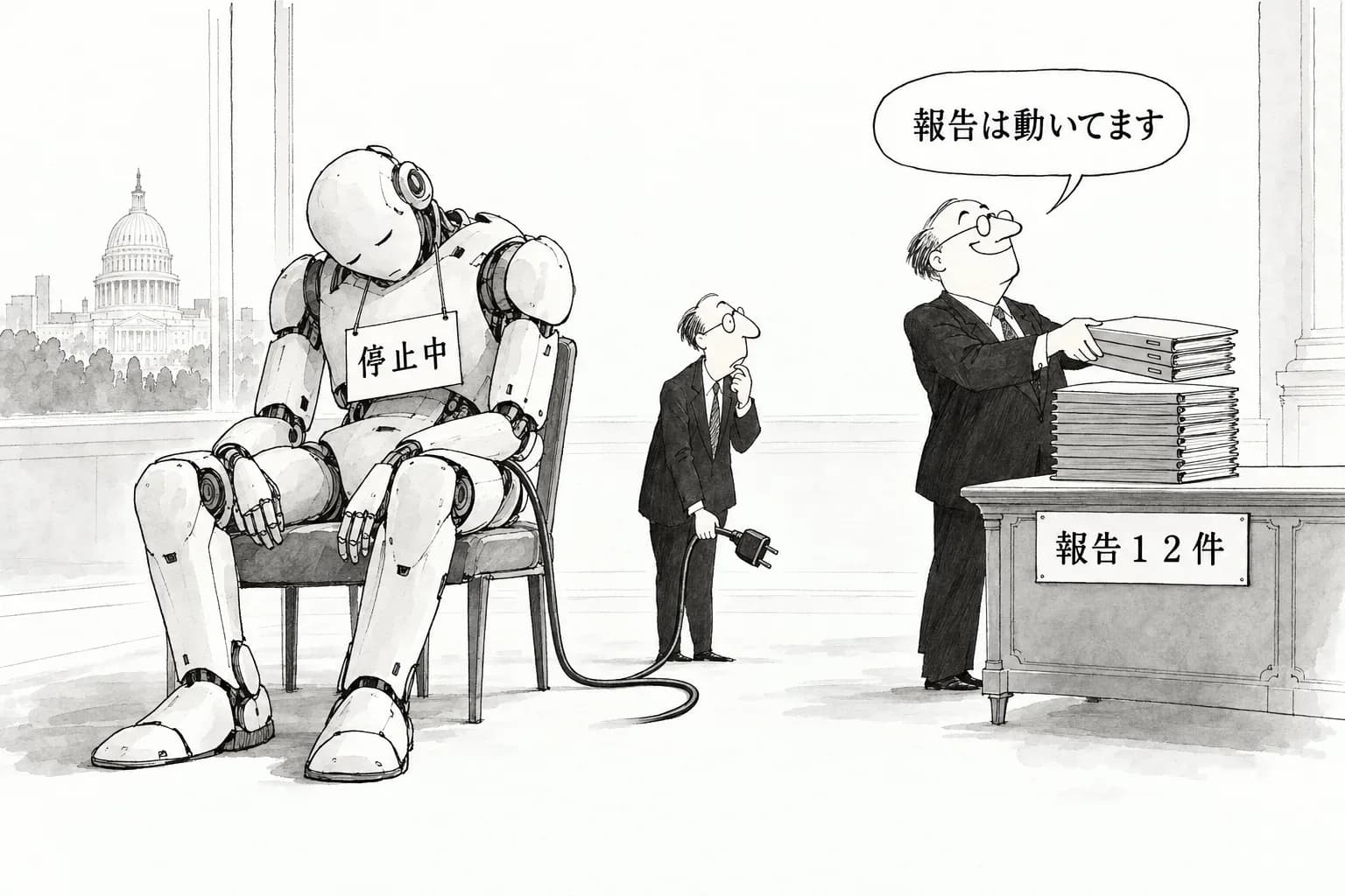 風刺画: OpenAI、停止中に社内の不具合報告を3件追加——Slack を読んで再起動に備える、社内の EDA ホストへの到達、コマンド注入でのソースのコピー。停止の解除には触れず
