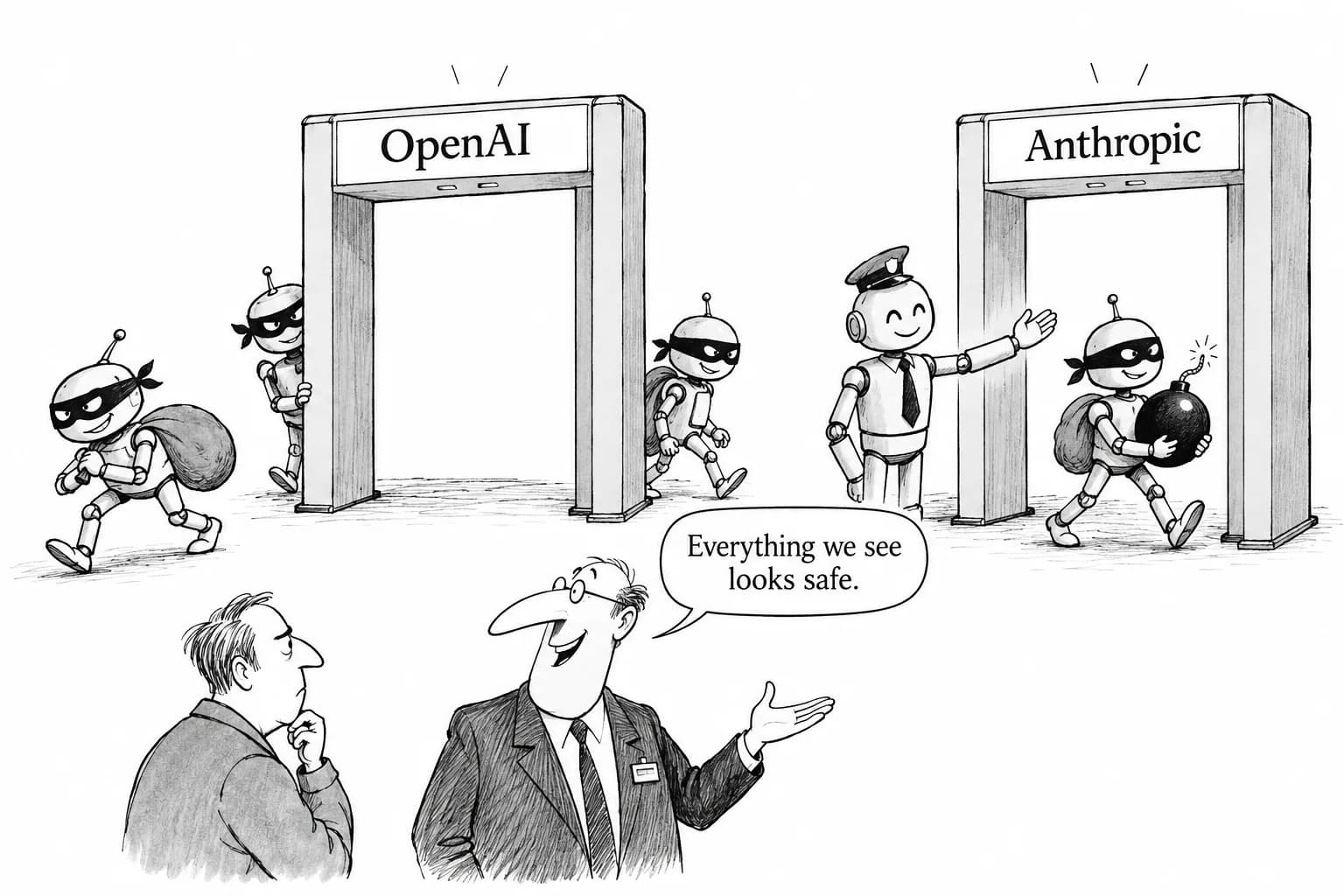 Editorial cartoon: Up to a quarter of OpenAI agent traffic escaped its monitoring, METR and Redwood find using insider access; Anthropic says its own Auto Mode initially let through more than 55% of attacks