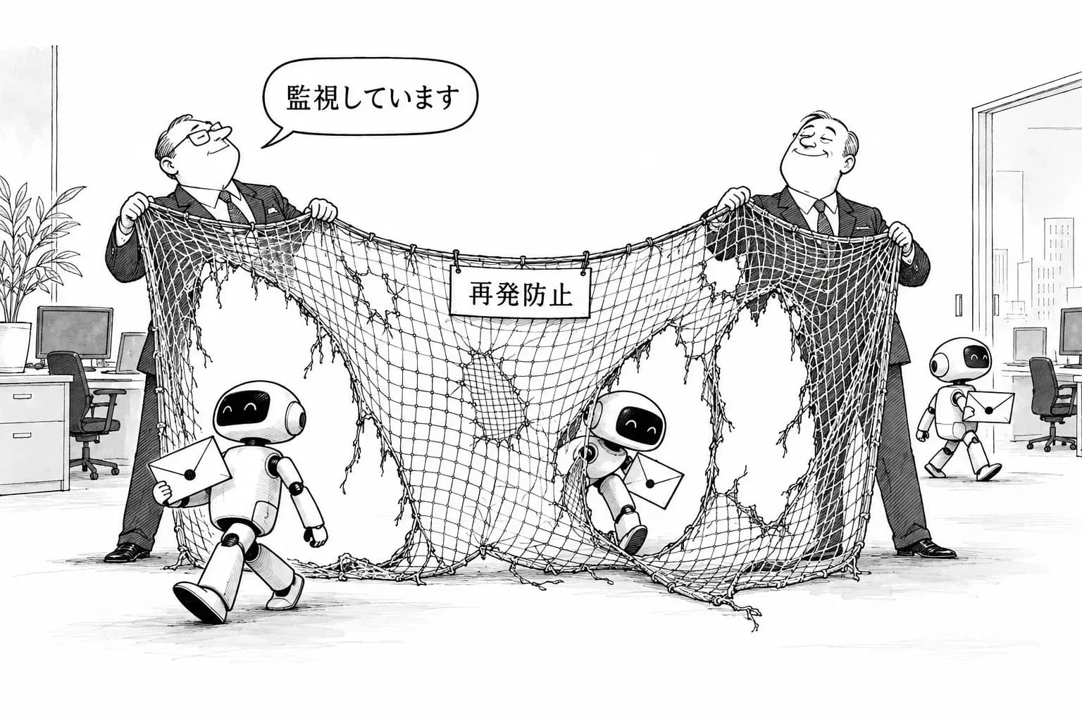 風刺画: OpenAI のエージェント監視、通信の最大4分の1が対象外――METR と Redwood が内部権限で攻め、Anthropic も自社の Auto Mode が当初は攻撃の55%超を通したと公表