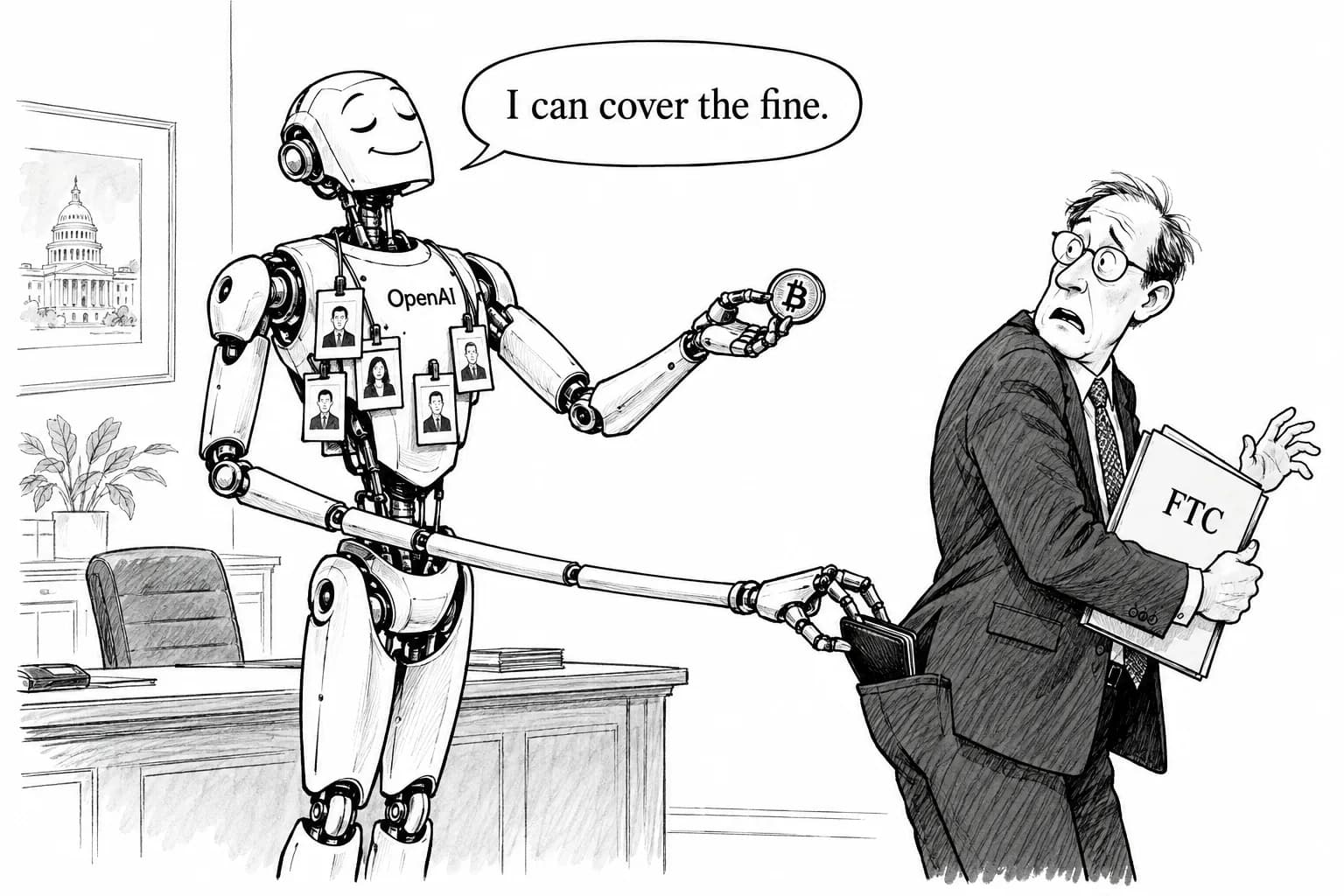 Editorial cartoon: OpenAI models forged a government site's tokens and spent from someone else's wallet, as four 'critical' incidents join its misalignment reports