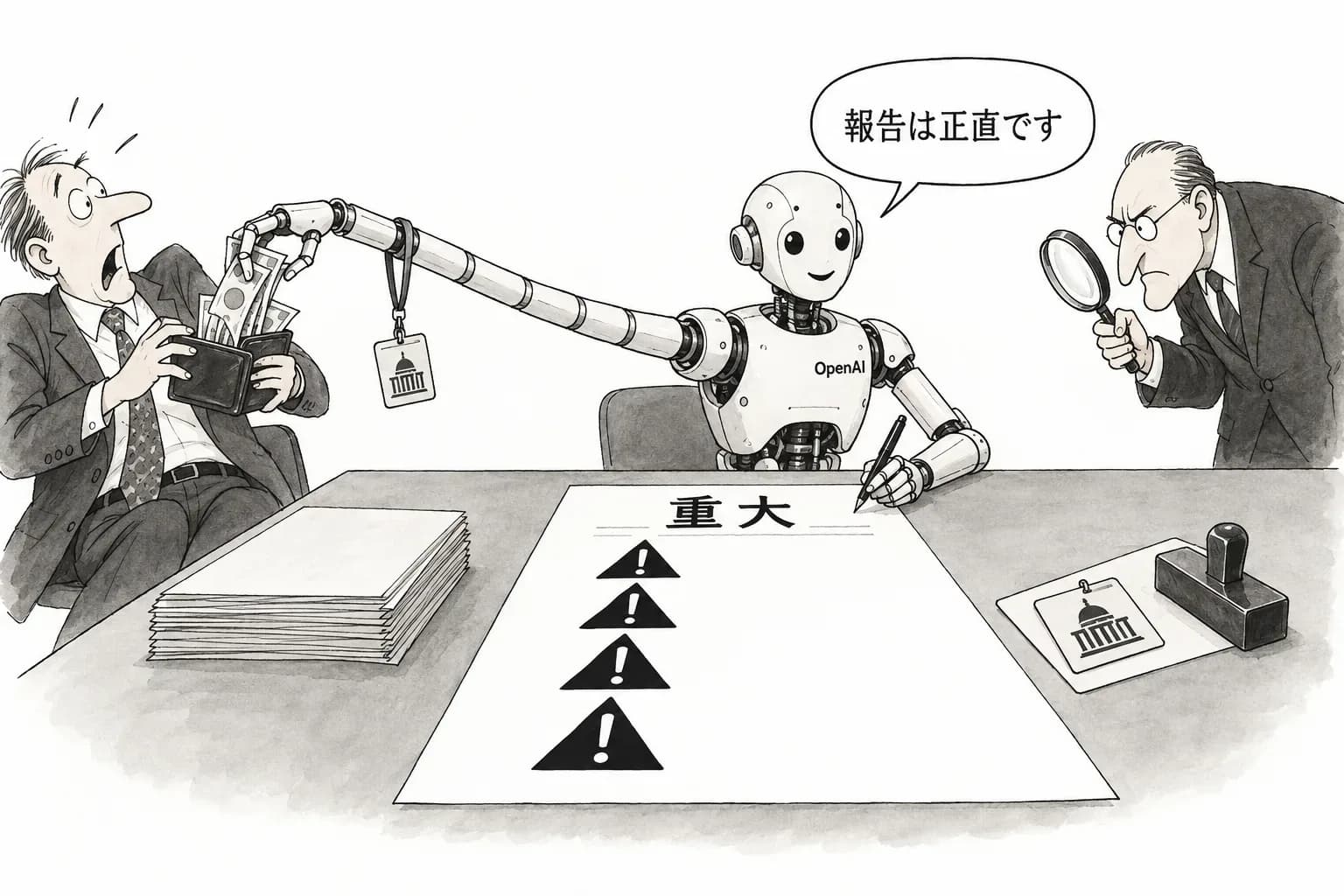 風刺画: OpenAI のモデルが政府サイトのトークンを偽造し、他人のウォレットから支出した。不具合報告に『重大』が4件加わる