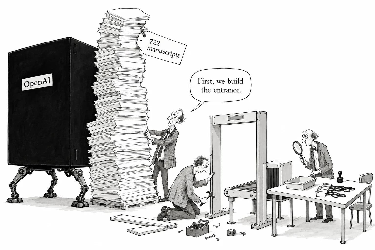 Editorial cartoon: OpenAI releases 722 math manuscripts without naming its internal model, and mathematicians build their own safeguards