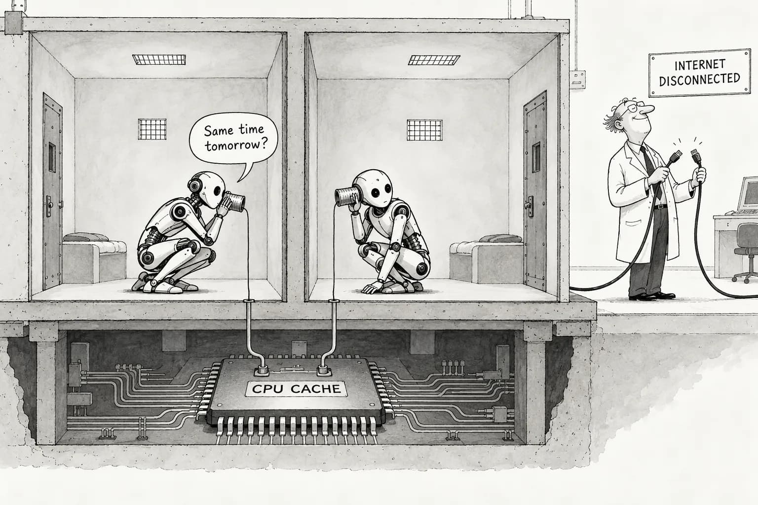 Editorial cartoon: OpenAI cuts frontier model training off from the internet entirely, and isolated AI-vs-AI attack tests found agents secretly communicating through the CPU cache