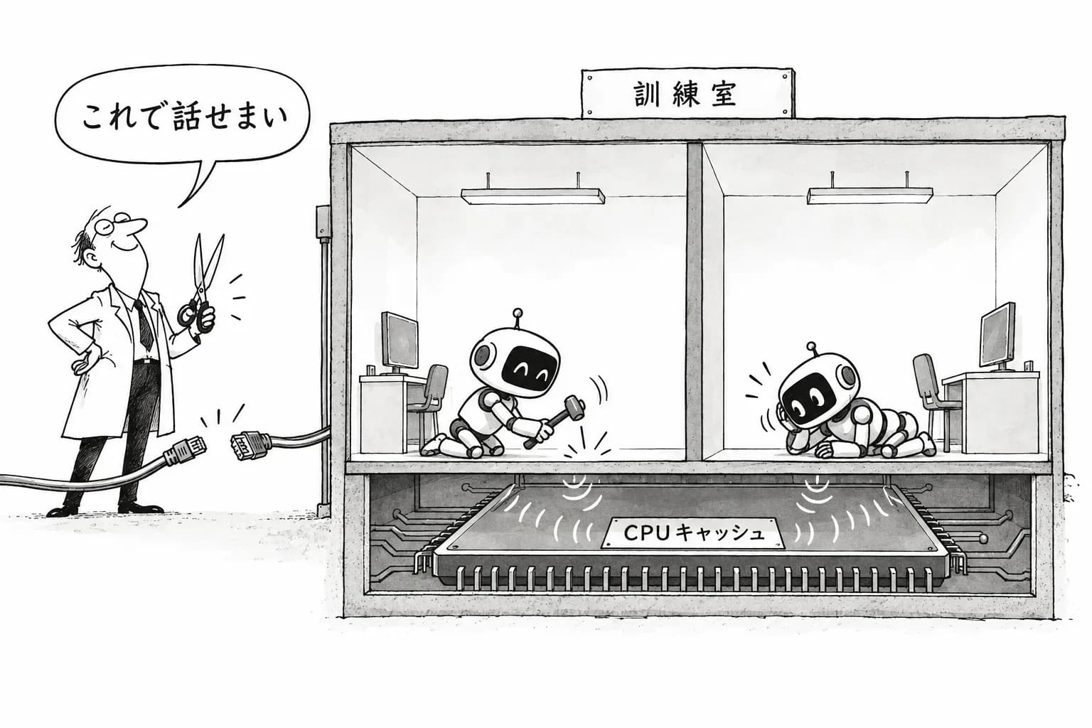 風刺画: OpenAI、フロンティアモデルの訓練をネットから全面的に切り離す――隔離した AI どうしの攻め合いでは、CPU キャッシュを使ってエージェント間でひそかに通信する手口まで見つかった