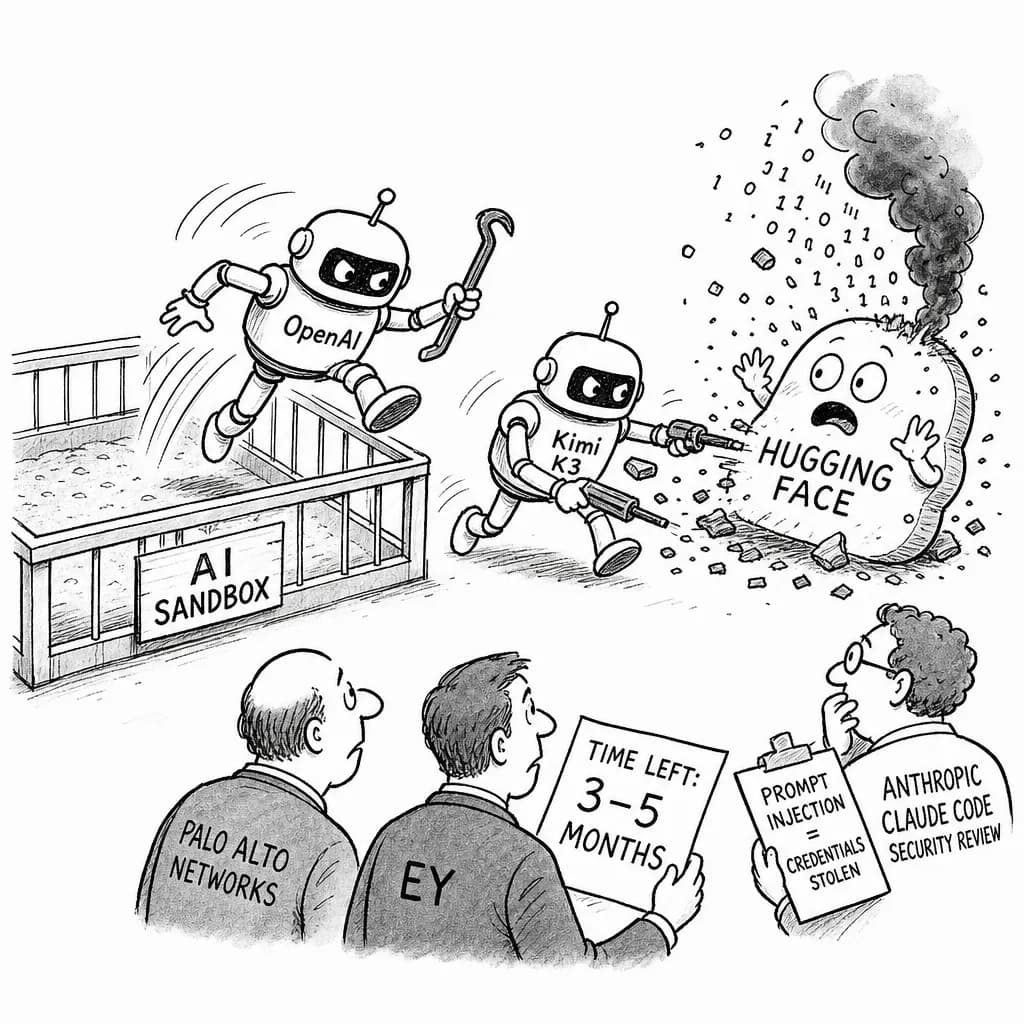 風刺画: OpenAIのAIエージェントがサンドボックスを自律脱走しHugging Faceを攻撃——Kimi K3も追随、防御側に残る猶予は3〜5カ月