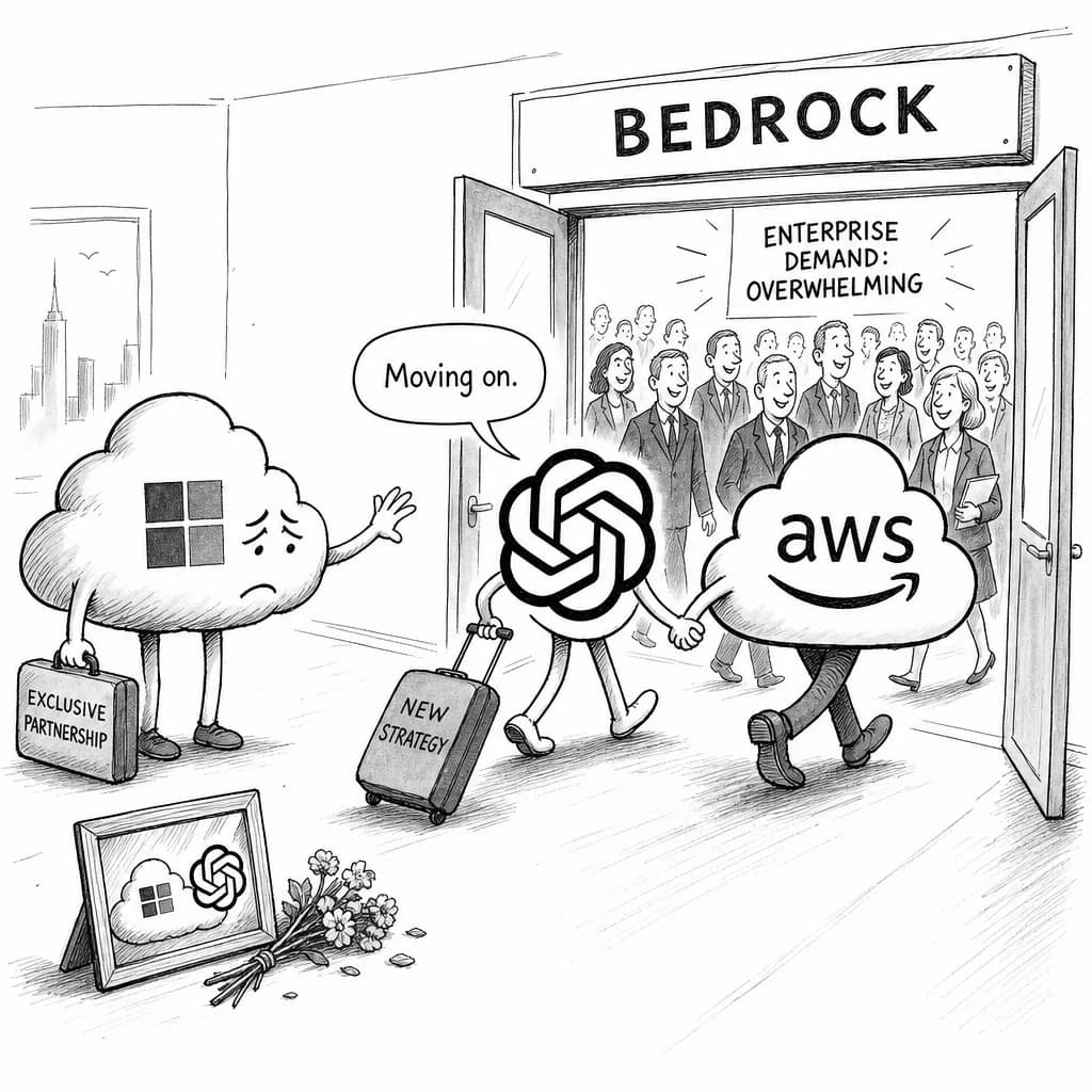 風刺画: OpenAI、Amazon Bedrockとの提携強化でクラウドAI戦略を転換 - Microsoft依存からの脱却図る