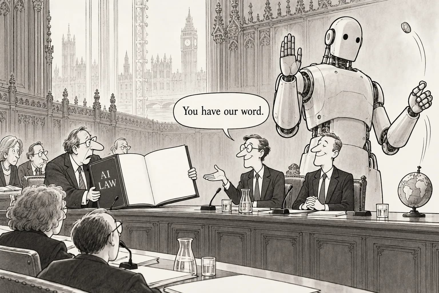 Editorial cartoon: At UK Commons hearing, ex-researchers call AI risk a "coin flip" as OpenAI and Anthropic pledge to halt deployment if intelligence agencies show danger, but the law is still blank