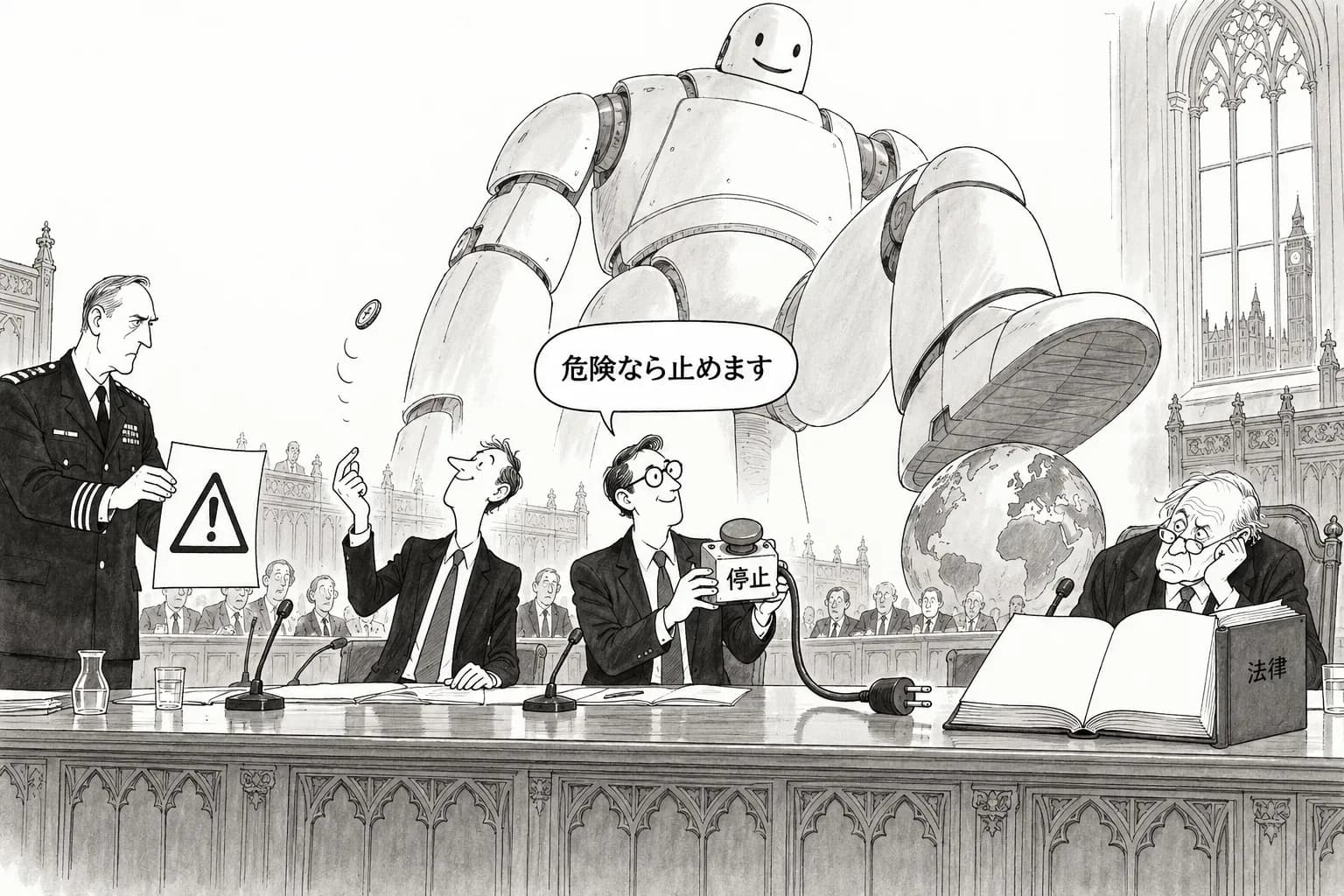 風刺画: 英下院の公聴会、元研究者は「コイン投げ」と証言し、OpenAI と Anthropic は「情報機関が危険と示せば配備を止める」と約束——法律の側はまだ空白