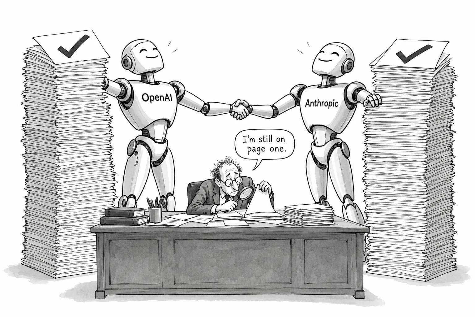 Editorial cartoon: OpenAI and Anthropic both claim to have disproved ETH on the same day, but no human has checked either proof yet