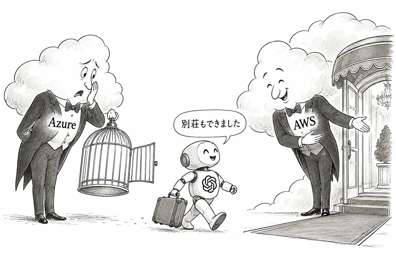 風刺画: OpenAIとAWSが380億ドルでBedrock提携、Azure7年独占が終焉——GPT-5.6も追加でマルチクラウドAI時代へ