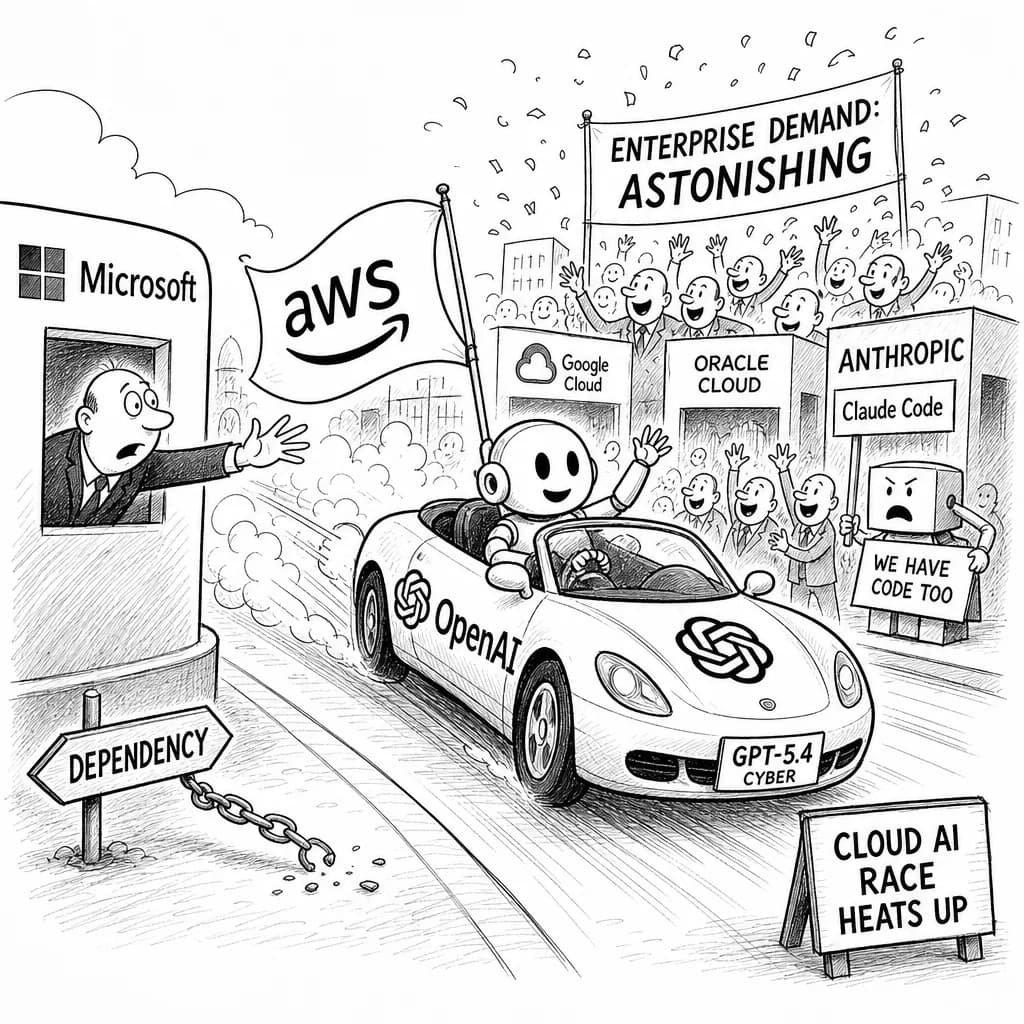 風刺画: OpenAI、AWS提携でエンタープライズAI市場を攻勢 GPT-5.4リリースとともにMicrosoft離れを加速