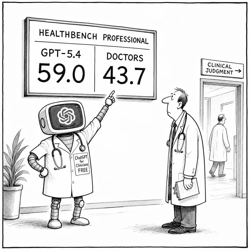 風刺画: OpenAI GPT-5.4がHealthBench Professionalで59.0スコア、医師ベースラインの43.7を上回る