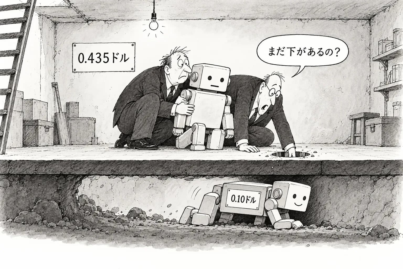 風刺画: OpenAI がオープンウェイトの下を潜った — GPT-6 Luna 入力0.10ドルという値付けの意味