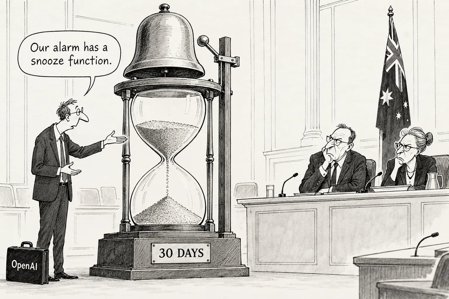 Editorial cartoon: OpenAI's Kwon apologizes to Australian parliament for Medicare intrusion, admits month-long gap before notification and that Altman was unaware when he met deputy PM; two labs back mandatory disclosure