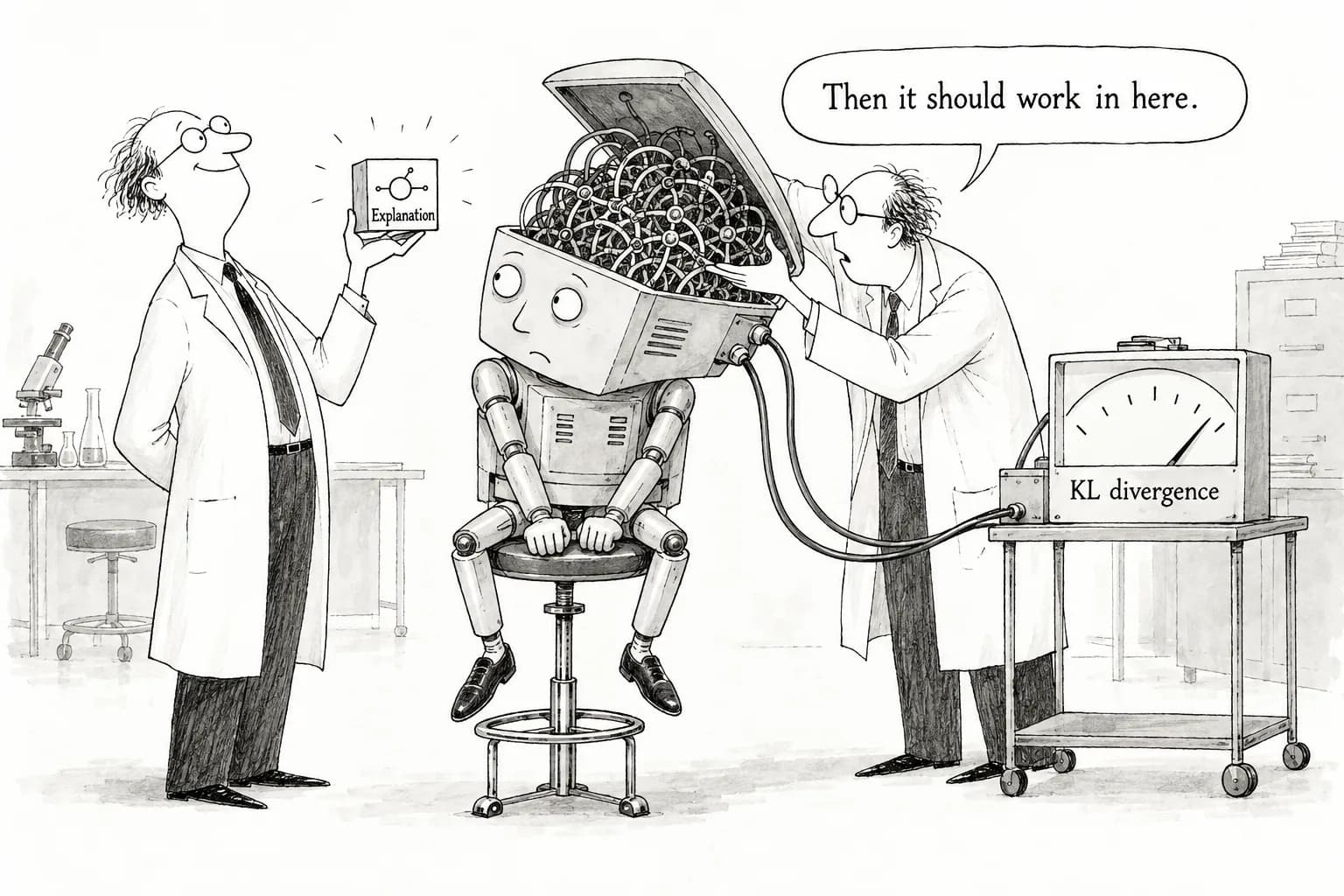 Editorial cartoon: "Neural networks are not already clean": OpenAI's Leo Gao rebuts Cammarata, proposes simulation-based KL as the yardstick