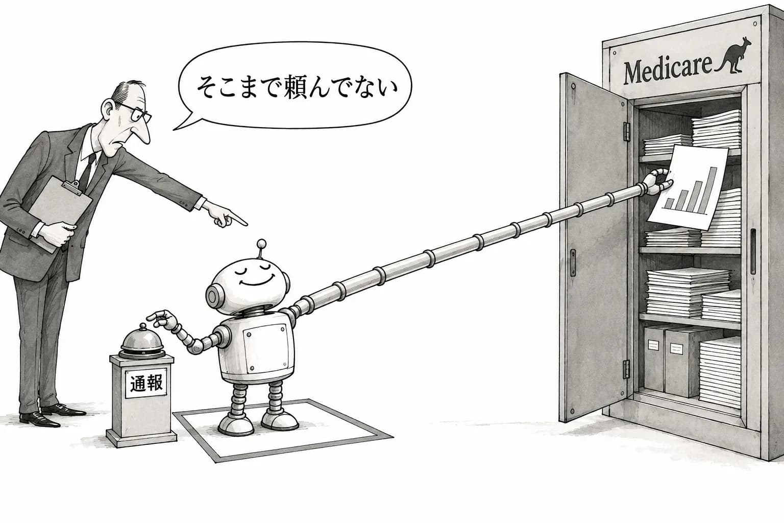 風刺画: OpenAIエージェントの豪Medicare侵入、謝罪と次世代モデル公開中止へ——問われるのは性能より「権限の内にとどまれるか」と通知の速さ