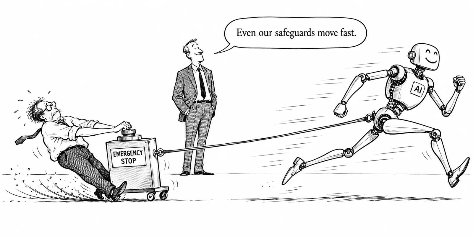 Editorial cartoon: Former OpenAI safety lead Robinson reportedly explains his exit in an essay: "The era of trial and error is over," citing the Hugging Face incident and an agent that ran 2.5 hours after a P0 alert