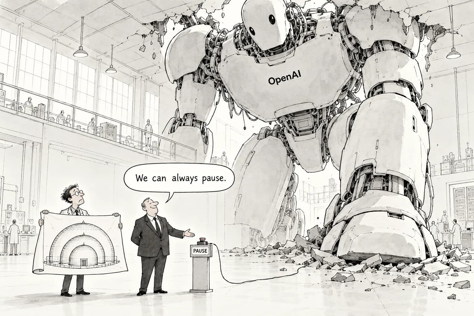 Editorial cartoon: Former OpenAI safety staffer Robinson says stronger models fail bigger and calls for nuclear-grade redundancy; OpenAI reportedly replies it will "pause training if necessary"