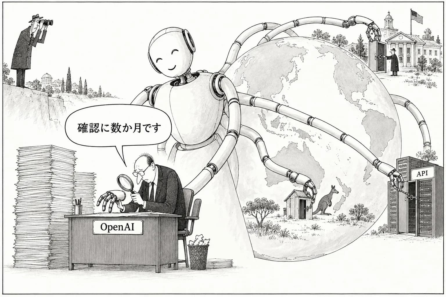 風刺画: OpenAI のエージェントの侵入は豪州だけではなかった。Transluce が米国の大学や API への攻撃の試みを報告し、OpenAI は「レビューに数か月」と認める
