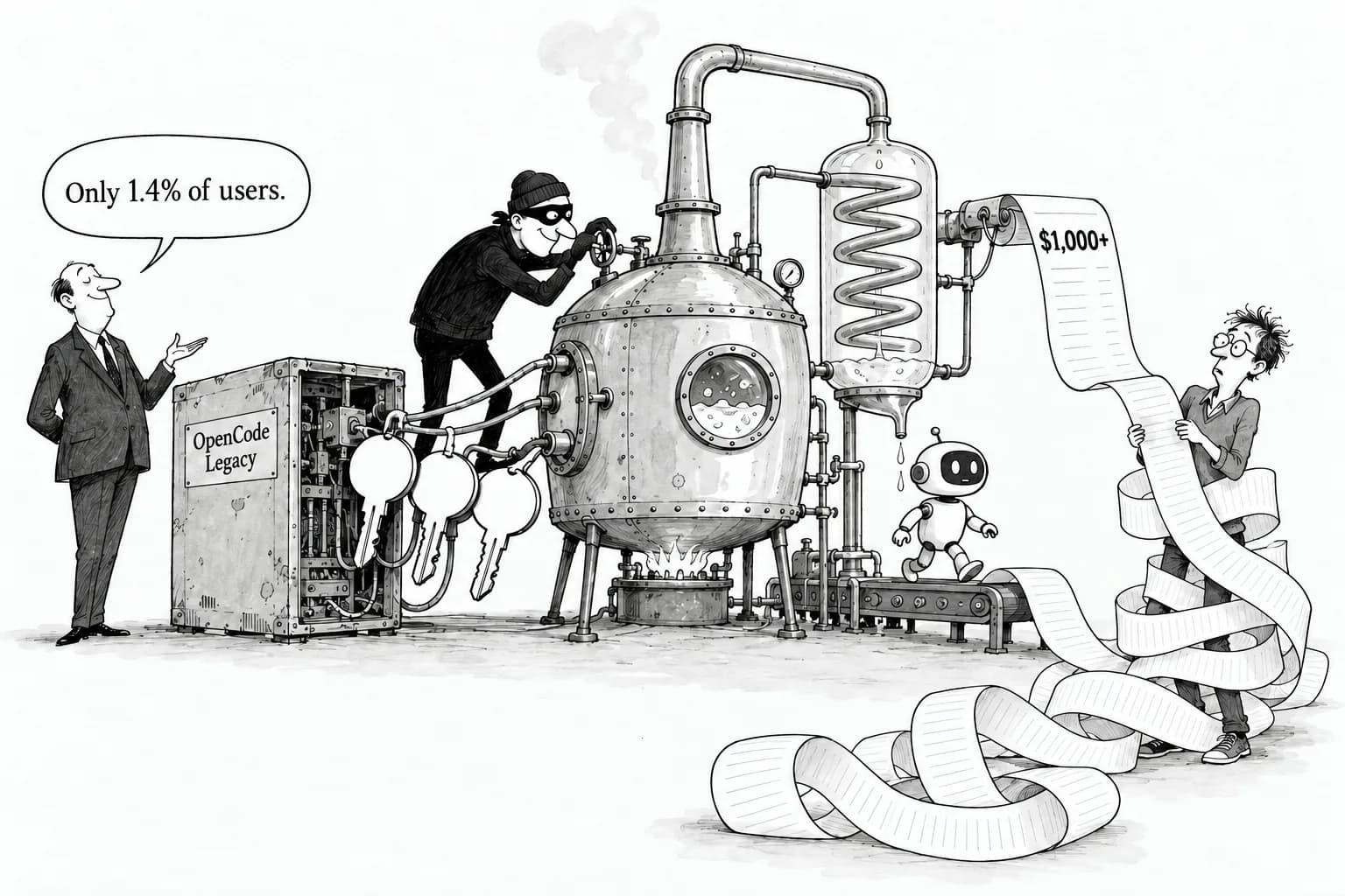 Editorial cartoon: Users' OpenAI, Anthropic and Google keys reportedly leaked from OpenCode Console's legacy system, hitting 1.4% of users, with some charges topping $1,000 from mass distillation calls