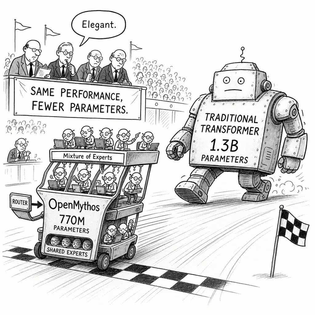 風刺画: OpenMythos: 770Mパラメータで1.3Bトランスフォーマーに匹敵するMoE研究の革新的アプローチ