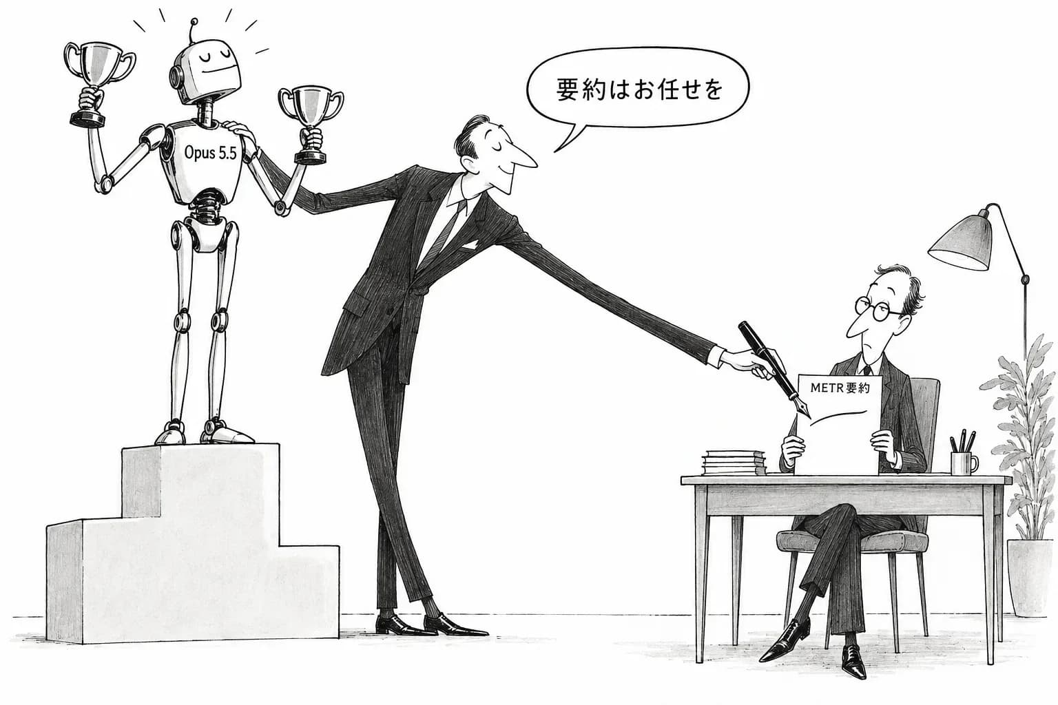 風刺画: Opus 5.5 は ARC-AGI-2 で93.3%、Vals でも首位。METR の「1.5倍」は Anthropic が公表前に編集した要約だった