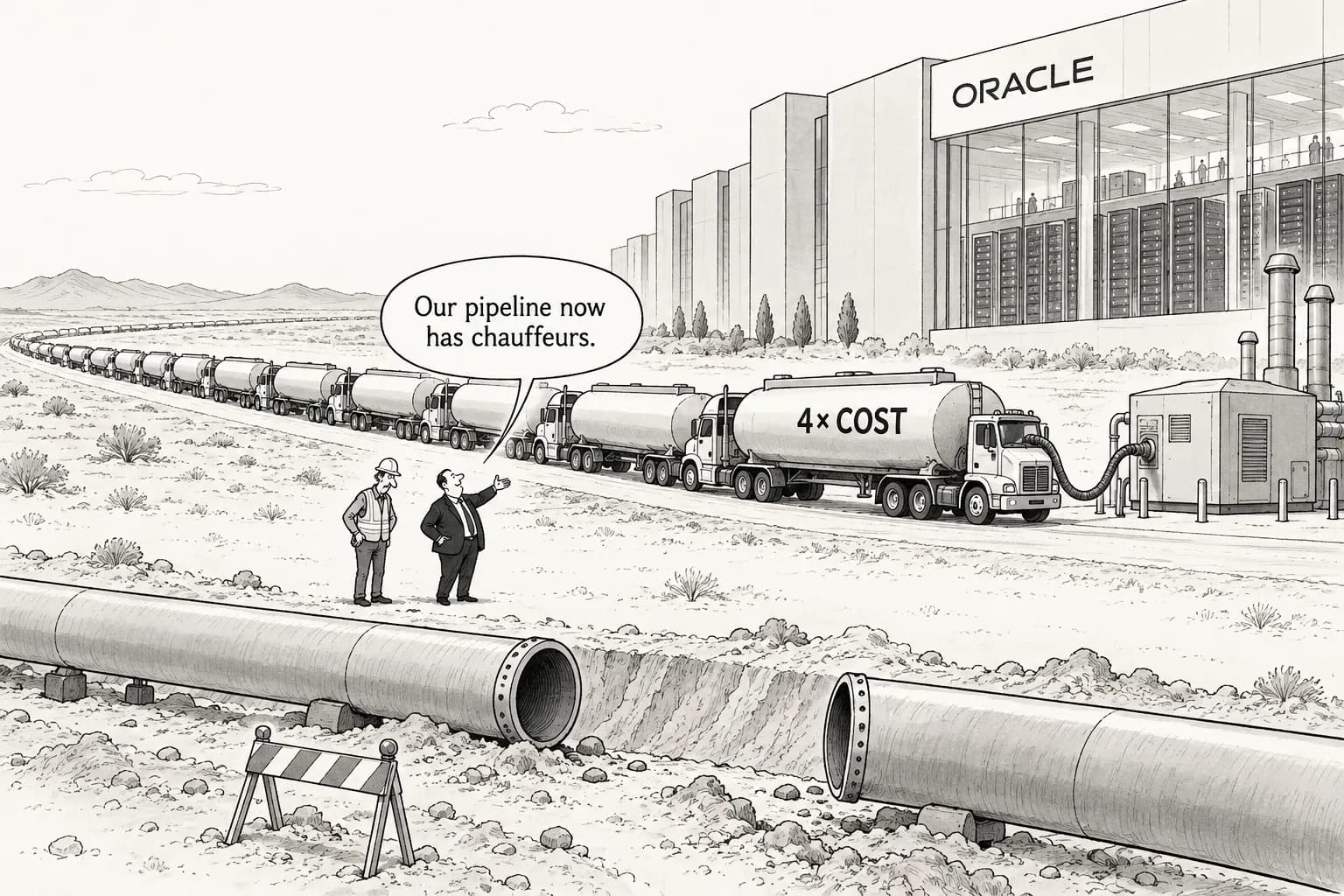 Editorial cartoon: Oracle trucks natural gas to power data centers at about 4 times pipeline cost; pipeline delays put Project Jupiter's schedule at risk ahead of Oct. 19 hearing