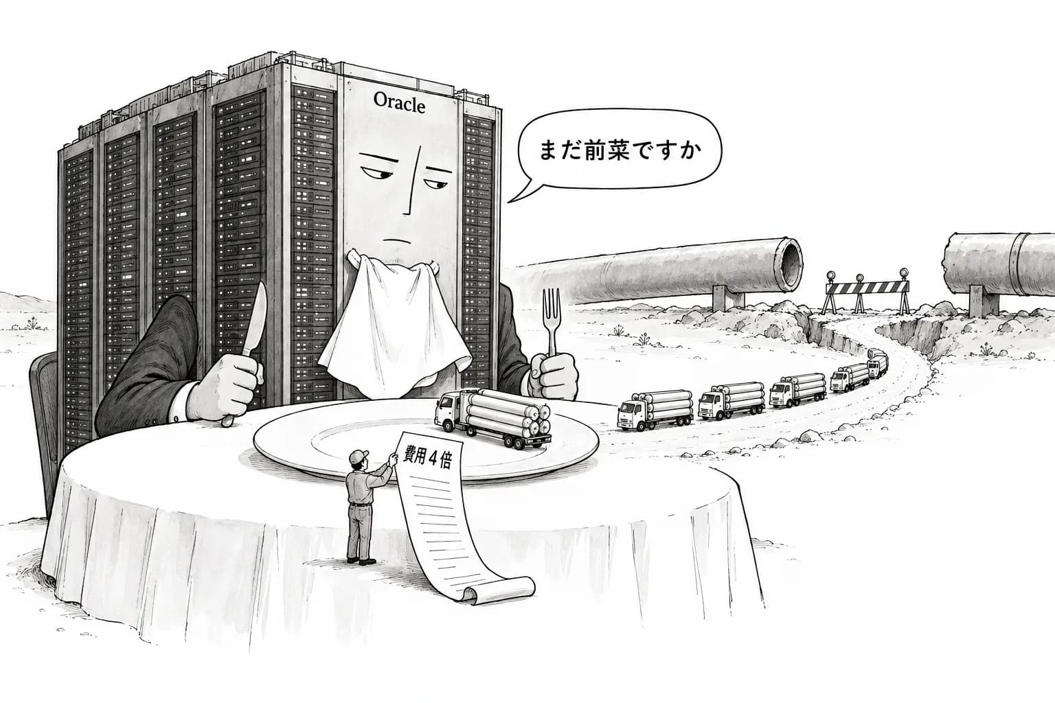 風刺画: Oracle、データセンターの電力にトラックで天然ガス——費用はパイプラインの約4倍、Project Jupiter はパイプラインの遅れで10月19日の公聴会を前に工程リスク