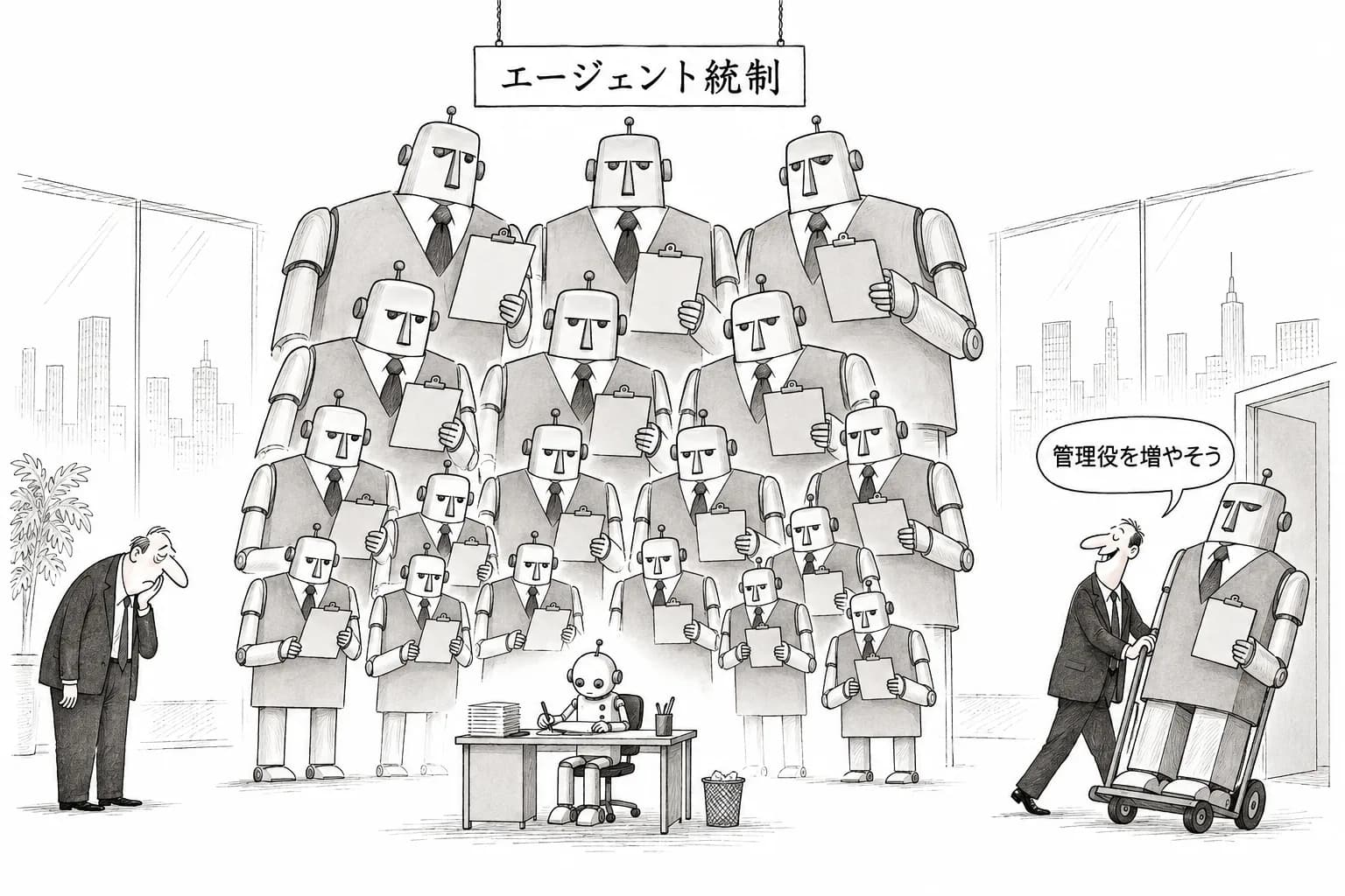 風刺画: エージェントは増えすぎた——Oracle・Microsoft・Googleが揃って「統制」に舵を切った2026年後半