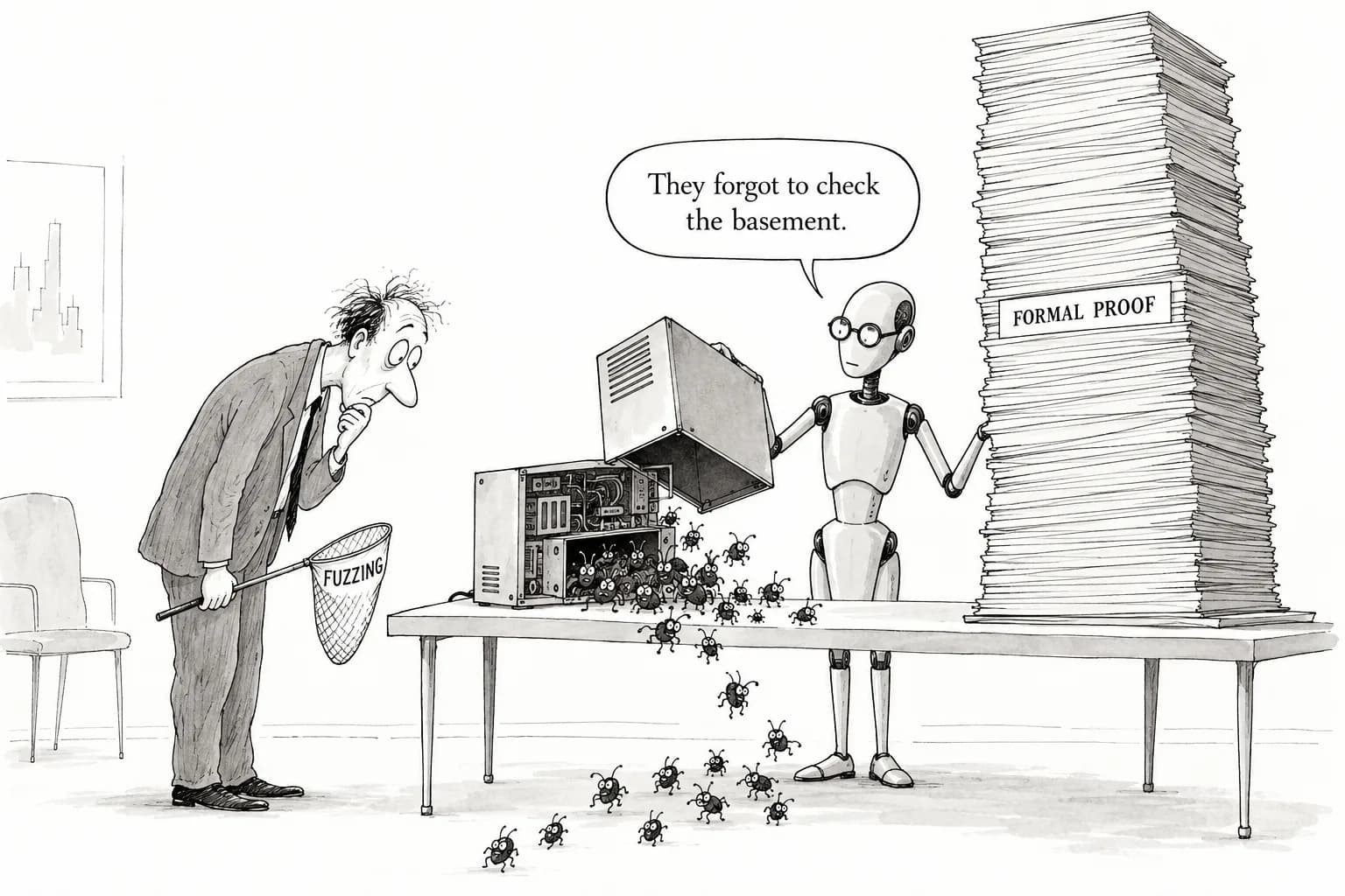 Editorial cartoon: Anthropic and Theorem verify 123 open-source libraries with 180 million lines of proof, turning up more than 100 bugs fuzzing missed