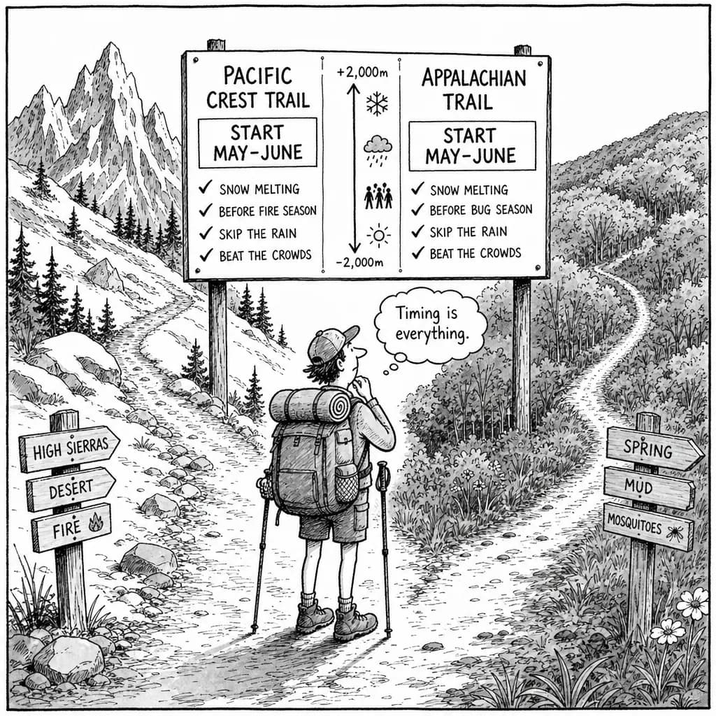風刺画: Pacific Crest TrailとAppalachian Trailのスルーハイク適期分析:5-6月は最適な出発タイミング