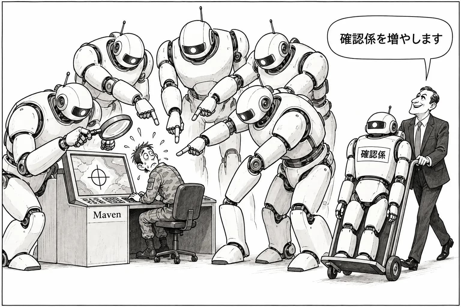 風刺画: Palantir の Sankar、Minab の学校への攻撃は『おそらく人間の誤り』——AI への依存を伝えた報道に初めて公に反論し、Anthropic を外しても『作戦上の影響はない』と述べる