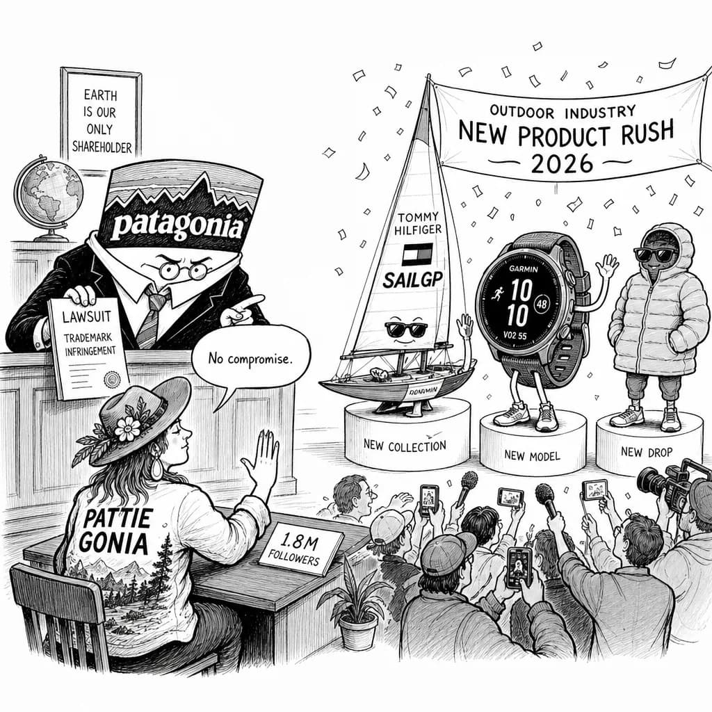 風刺画: Patagonia商標争議と新製品リリーストレンド:アウトドア業界の2026年転換点