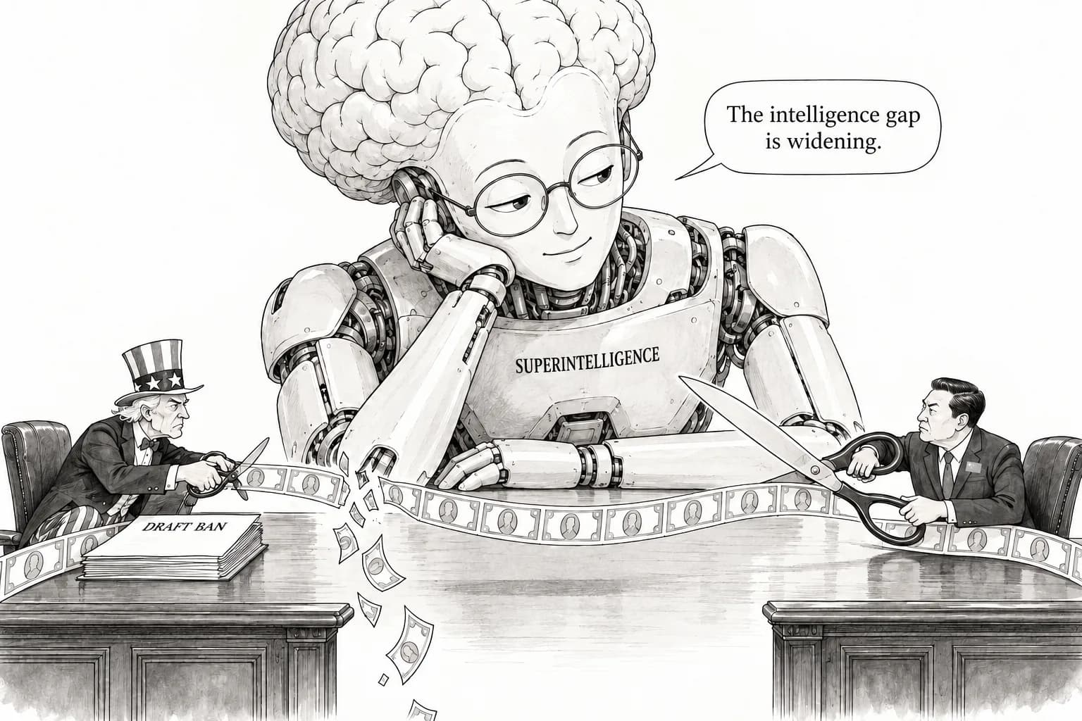 Editorial cartoon: US Treasury's draft outbound investment rules target "superintelligence systems," proposing a full ban on investment in Chinese developers as Beijing vows "necessary measures"