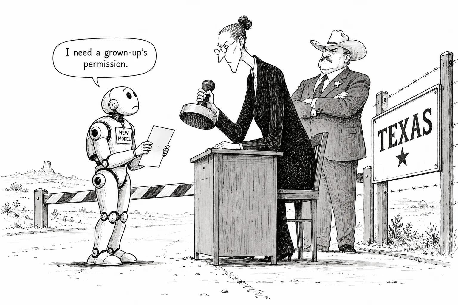 Editorial cartoon: Texas complaint demands third-party approval before new models are released