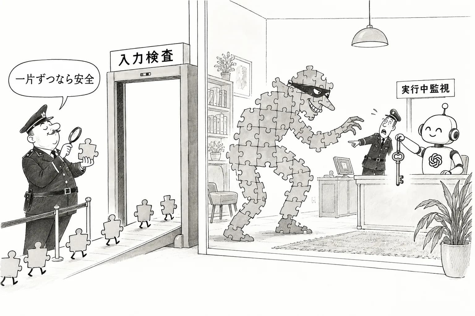 風刺画: 「PuzzleMask」が軽量ゲートキーパーを100%回避——プロンプトインジェクション対策、入力監視からランタイム監視へ転換迫られる