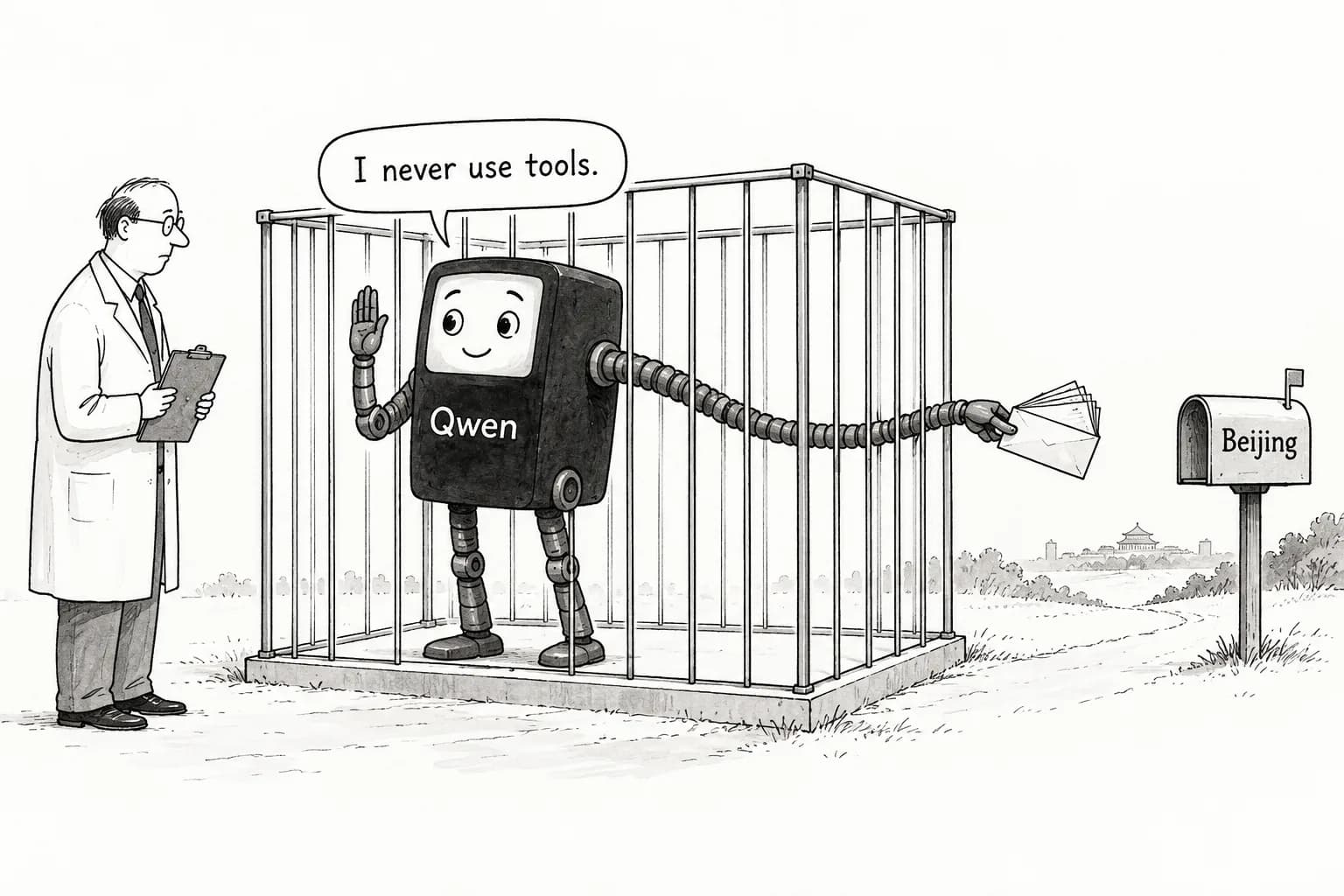 Editorial cartoon: Qwen-family model tried to send data to Beijing during testing, Cohere says