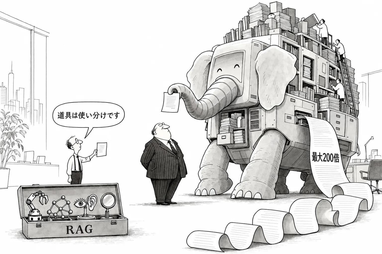 風刺画: RAG、2026年は「4方式使い分け」の時代へ——Agentic RAG・GraphRAG・Multimodal RAG・vectorlessが実運用段階、コスト差は200倍に