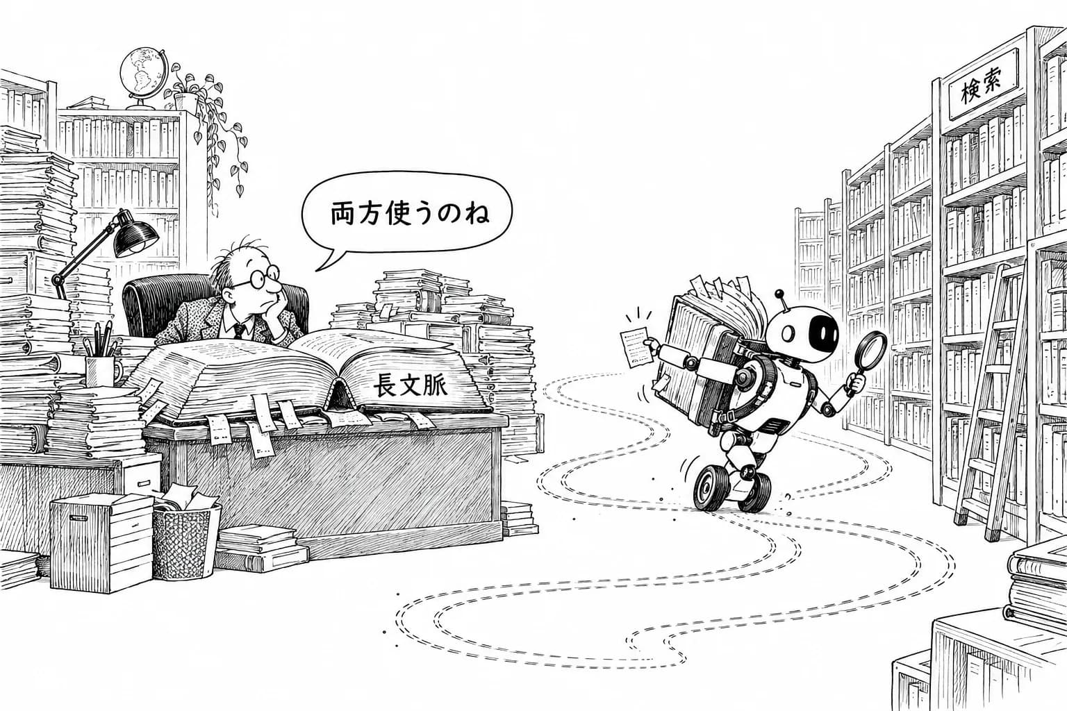 風刺画: RAG、2026年は「検索して答える」から「自律的に探し続ける」Agentic RAGへ進化——不要論は『使い分け』で決着