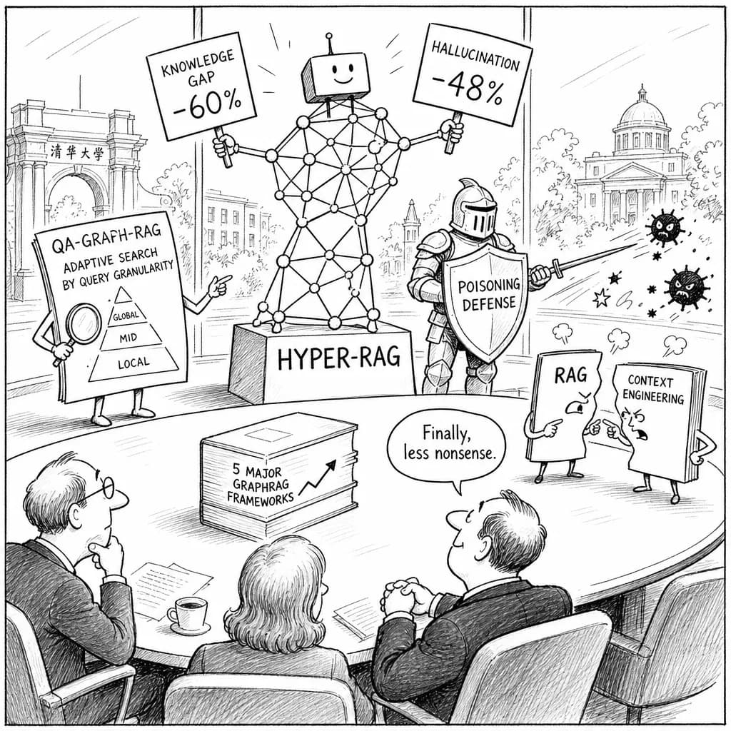 風刺画: RAG進化の最前線——清華大学Hyper-RAGが幻覚48%減、VLDB2026採択のQA-GraphRAGはクエリ適応検索を実現