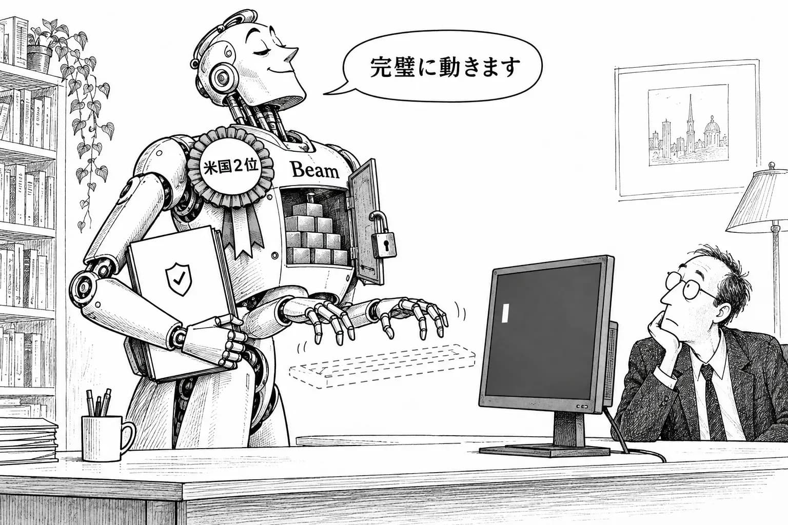 風刺画: Reflection AI が Beam の重みを Apache 2.0 で公開した。安全の報告書は同じ日に出し、第三者の評価では米国のオープンウェイトの2位になった