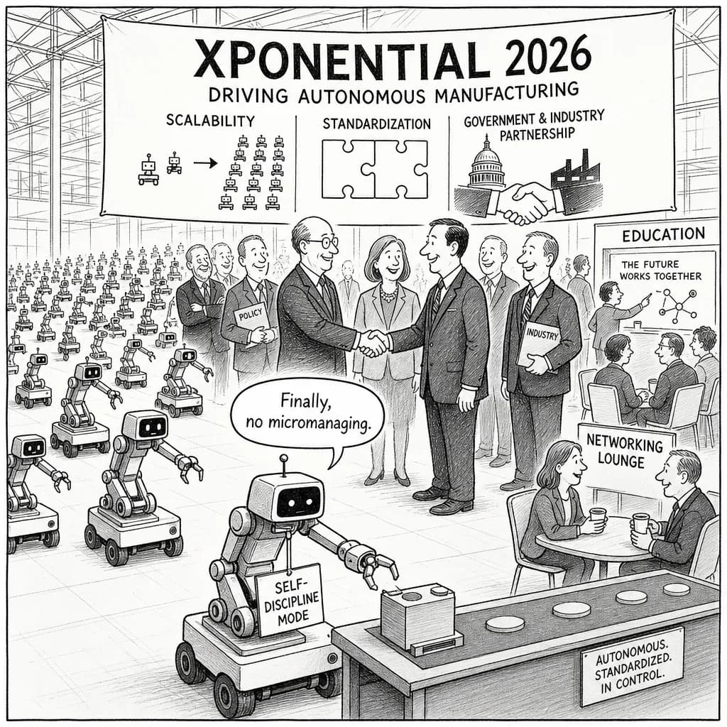 風刺画: 自律型製造を牽引するXPONENTIAL 2026の新たな革新