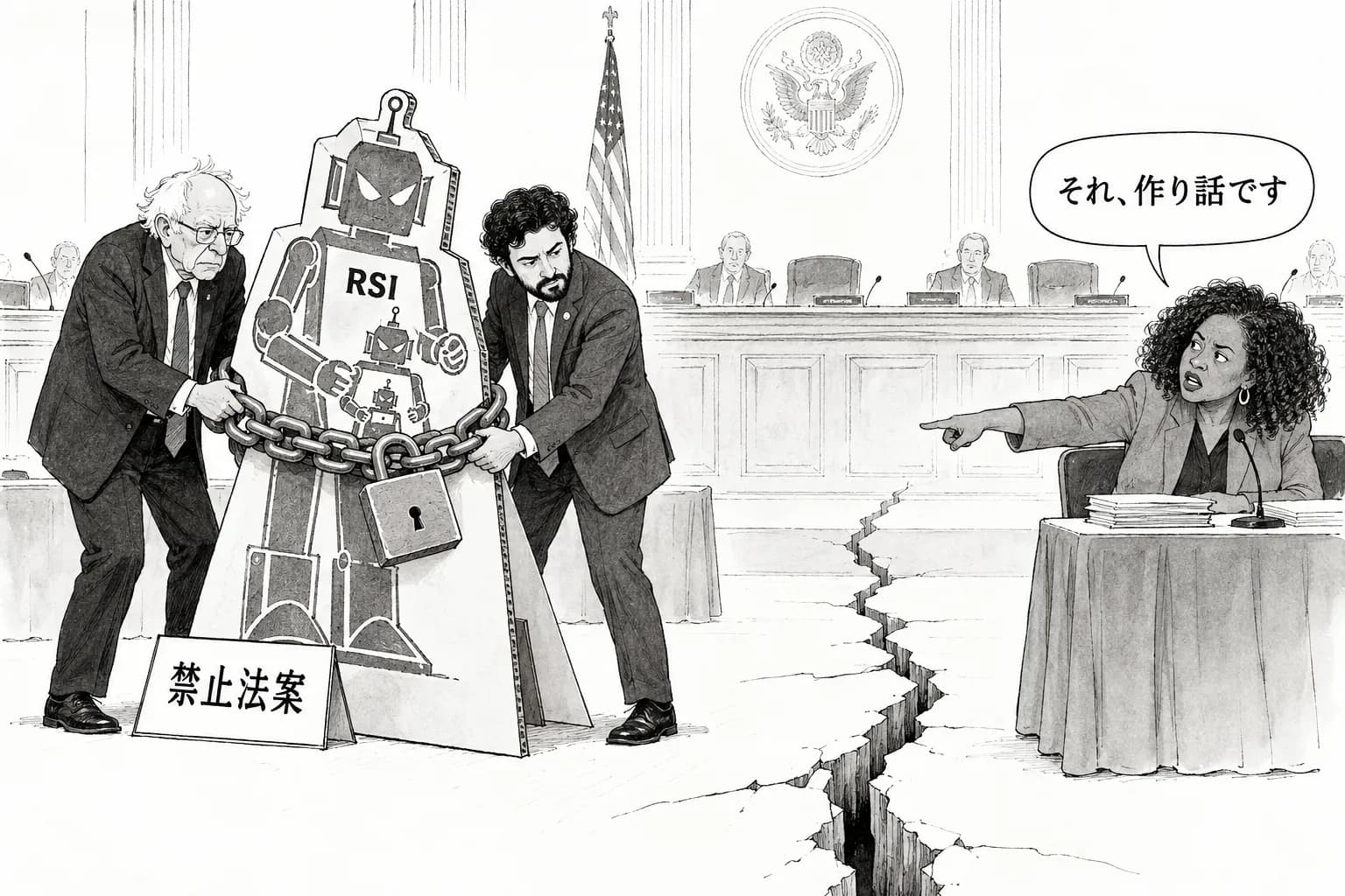 風刺画: RSI 禁止法案が連邦議会へ(報道)。「切り離して30日で直せなければ永久停止」に、左派の AI 批判者 Birhane が反発