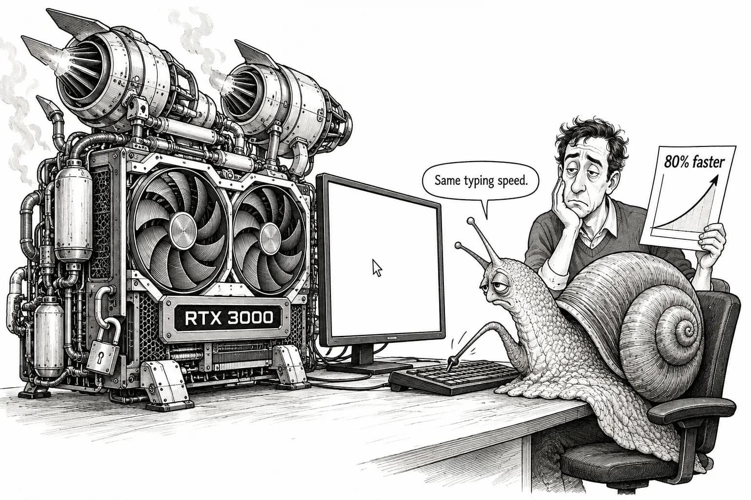 Editorial cartoon: Unlocking BF16 on RTX 3000 cards: 60–80% faster on paper, 6–8% faster in real work