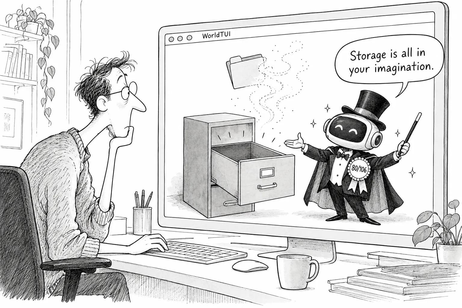 Editorial cartoon: A 360M AI trained for about 75 hours on one RTX 4090 pretends to be a terminal inside your browser. It scores 80 of 106 on ShellBench, but the folders you create disappear